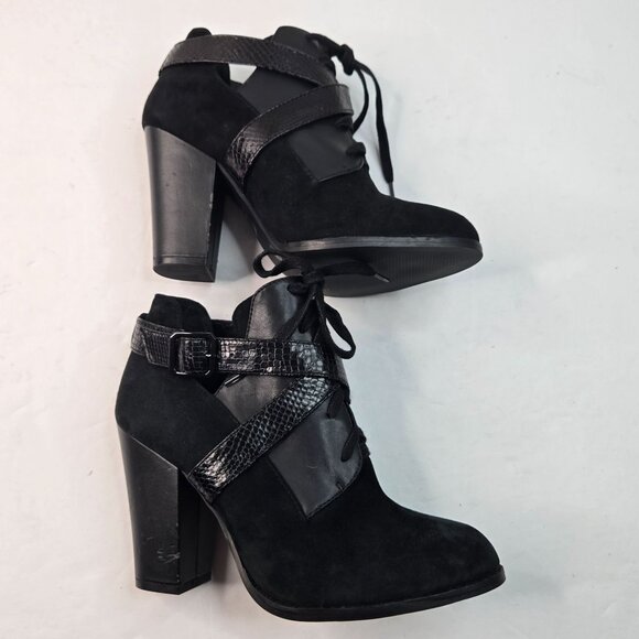 Gianni Bini Block Heel Boots Suede Black Edgy Lace Up Ankle Booties Size 7.5 - Picture 5 of 12
